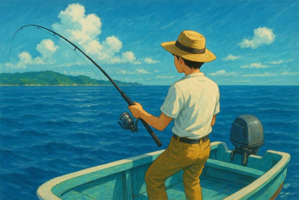 田舎の海に船を出して釣りをする人