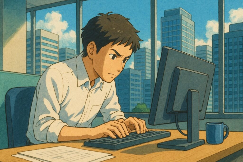 都会のオフィスで一生懸命仕事をする人